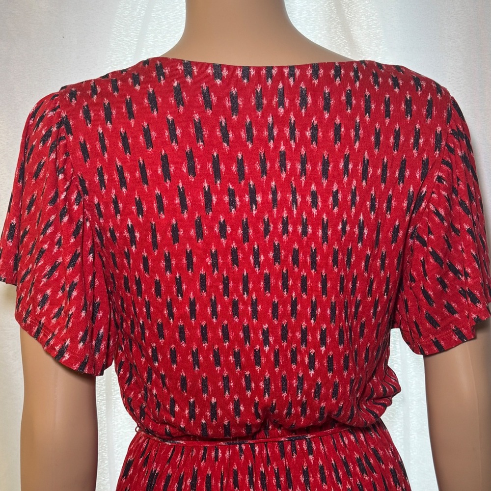 LOFT Red Ikat Print Flutter Sleeve V Neck Tie Waist‎ Dress Women's Size S - Picture 5 of 7